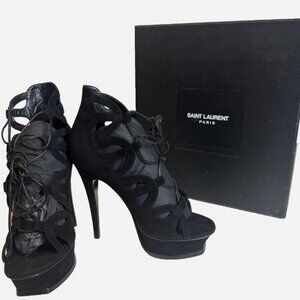 Saint Laurent Nina Caged Lace Up Platform Heels Black Suede 37.5
